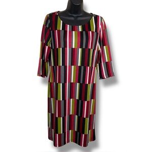 Small Tracy Negoshian Colorful Mod Print Dress Stretch 3/4 Sleeve Pink Green